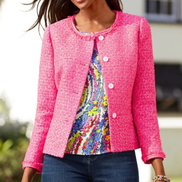 Talbots Vibrant Pink Tweed Jacket Button Front Size 14 - Picture 13 of 13